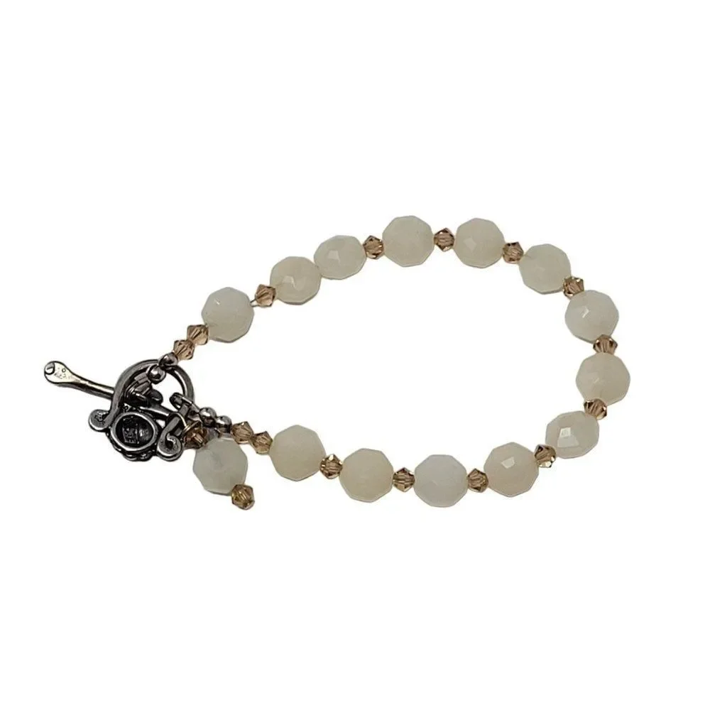 Artisan Handmade 925 Sterling Silver White Quartz Bicone Beaded Bracelet Healing